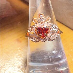 Vintage Style Ruby Red Ring | Rose Gold Tone | Crown Halo Design size 8